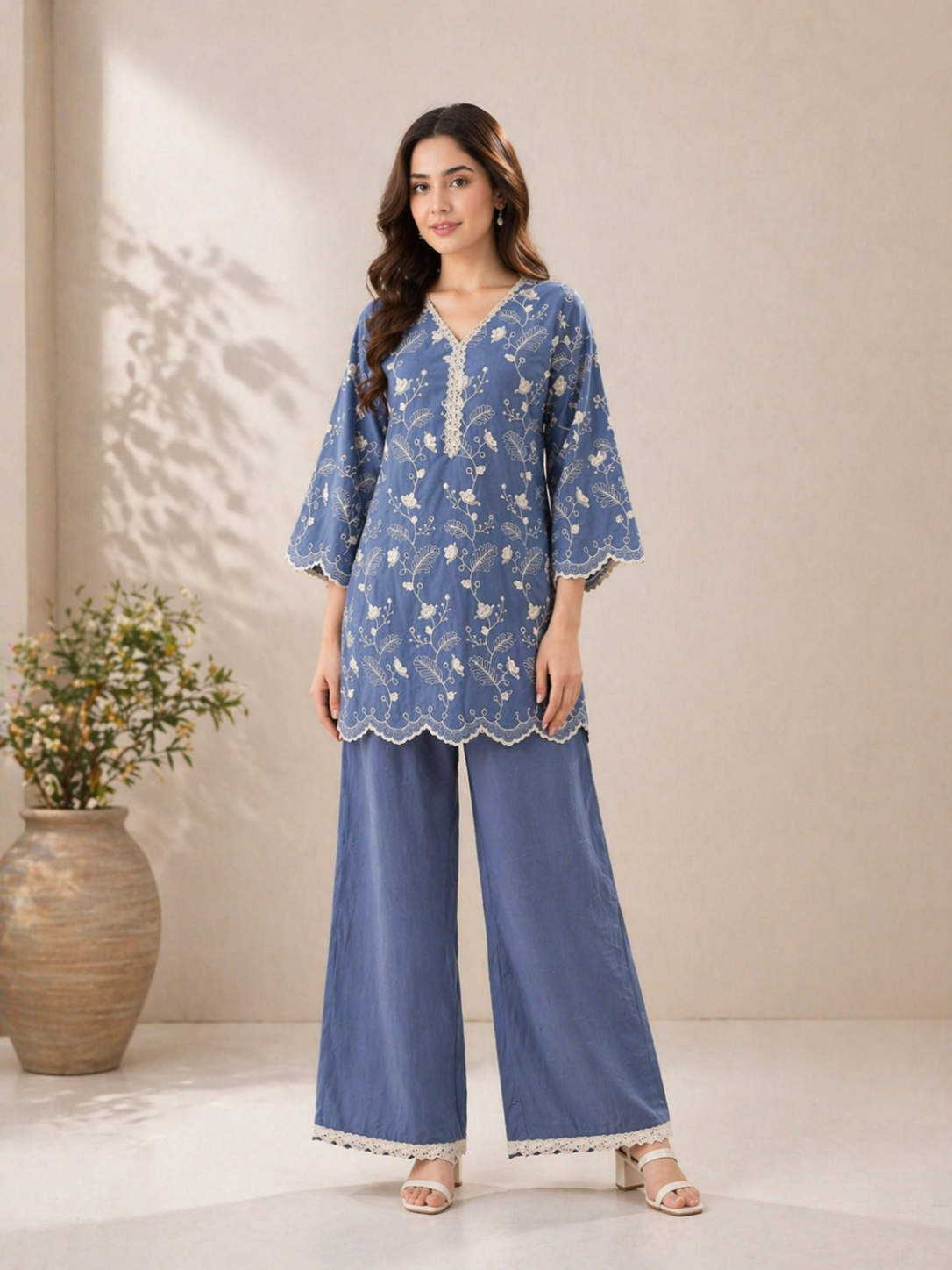 Stylish blue kurta pant set featuring delicate floral embroidery and lace detailing. Perfect for casual, festive, and office wear with a modern ethnic look.