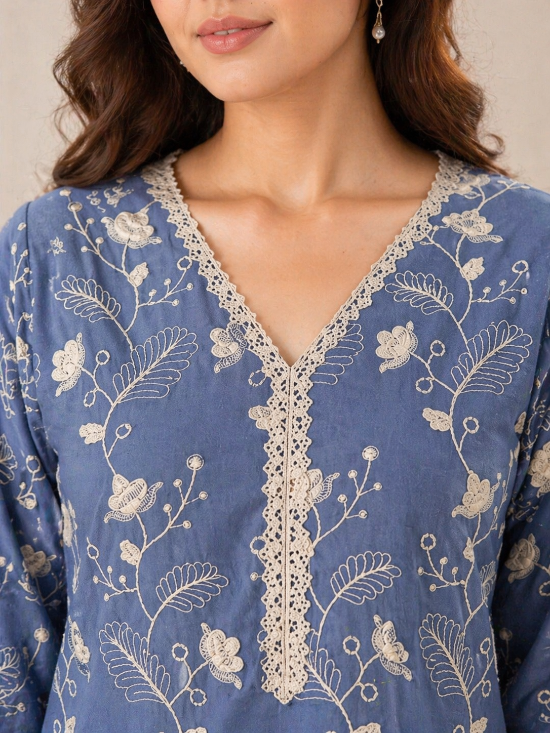 Close-up of elegant V-neck design with intricate thread embroidery and lace work, adding a premium and sophisticated touch to the kurta.
