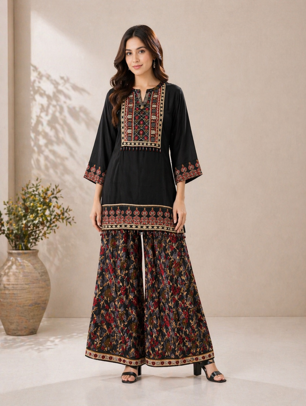 Black embroidered kurta Plazo set for women with floral palazzo pants styled on model