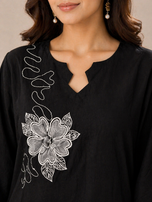 Black Minimal Embroidered Kurta Pant Set for Women | Casual Ethnic Wear | Office Wear Co-ord Set Doaba The Wedding Mall