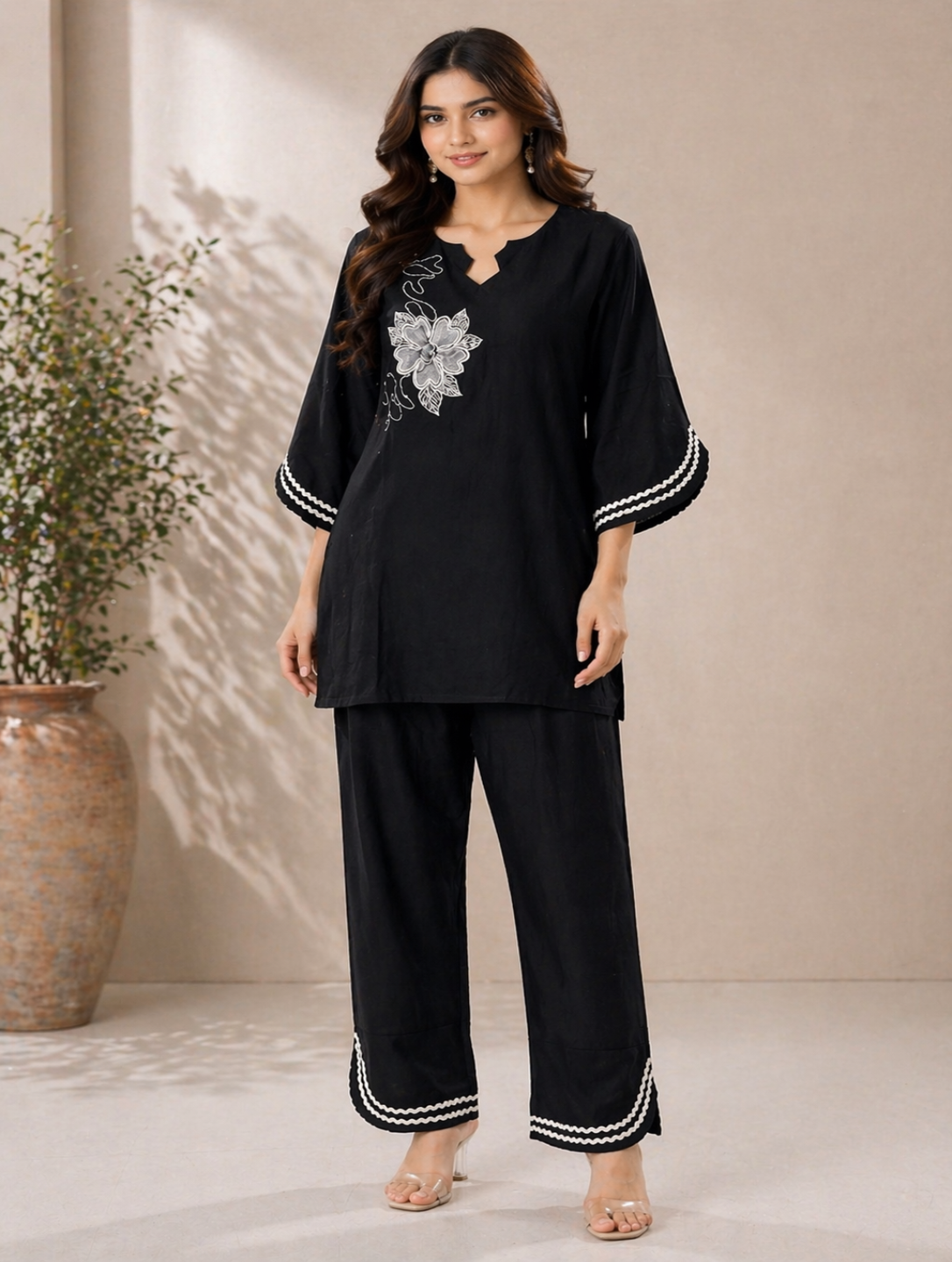 Black Minimal Embroidered Kurta Pant Set for Women | Casual Ethnic Wear | Office Wear Co-ord Set Doaba The Wedding Mall