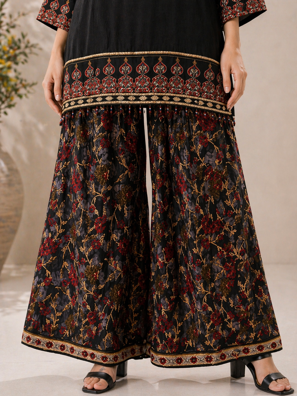Floral printed Plazo pants with ethnic design from black kurta set
