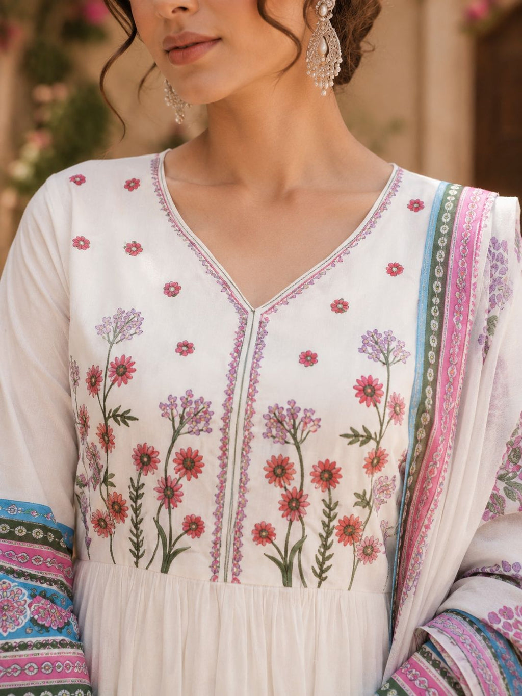 Close-up of floral embroidered neck design on white cotton suit set